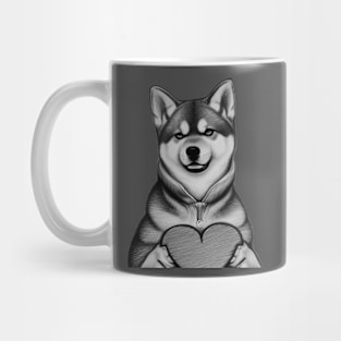 A dog wearing a jacket holding a heart shape Mug